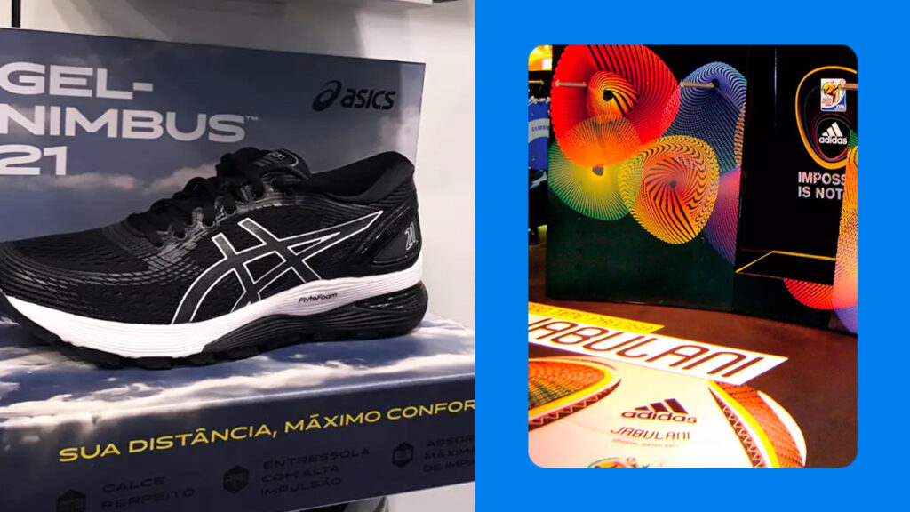 Comunicação Visual para PDV: amostra de tênis Asics com o material de PDV.