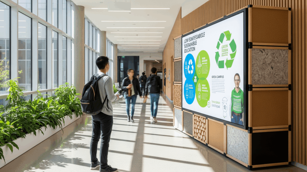 Sinalização com lightboxes de LED de baixo consumo demonstra compromisso ambiental. Cada escolha sustentável torna-se oportunidade pedagógica.